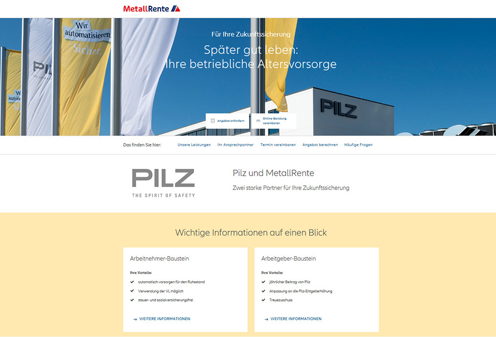 Screenshot Pilz-Microsite: Service für bAV-interessierte