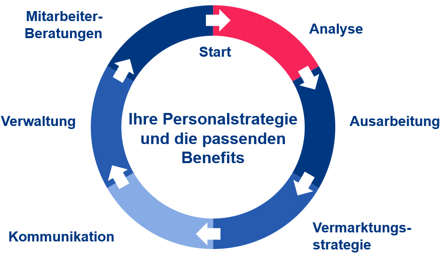 Kreislauf der Wertschöpfungskette in sechs Schritten: Start mit Analyse, dann folgen Ausarbeitung, Vermarktungsstrategie, Kommunikation, Verwaltung, Mitarbeiterberatung schließt den Kreis